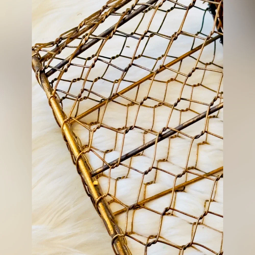Gold Metal Wire Basket w Wood Handle Farmhouse Shabby Chic - Spring Easter Decor